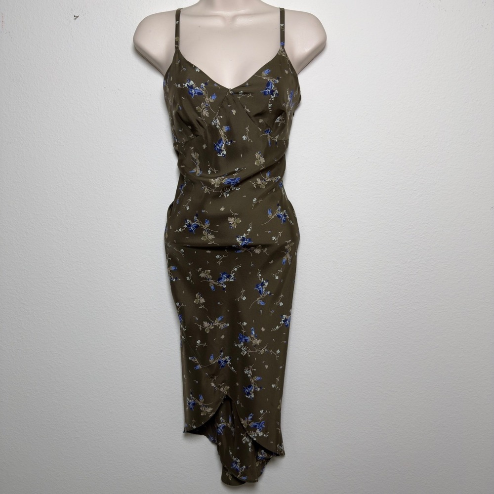 VTG 90s Express Women 100% SILK Fairy Babydoll Dress Small Green Floral Whimsy
